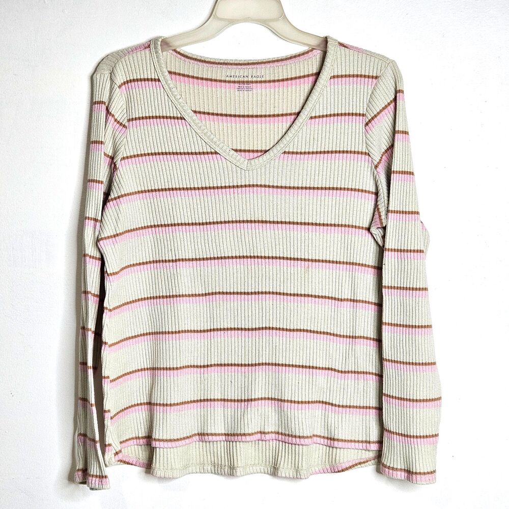 American Eagle Sweater Womens XL Ivory Pink Brown Striped Soft V-Neck Slouch Top